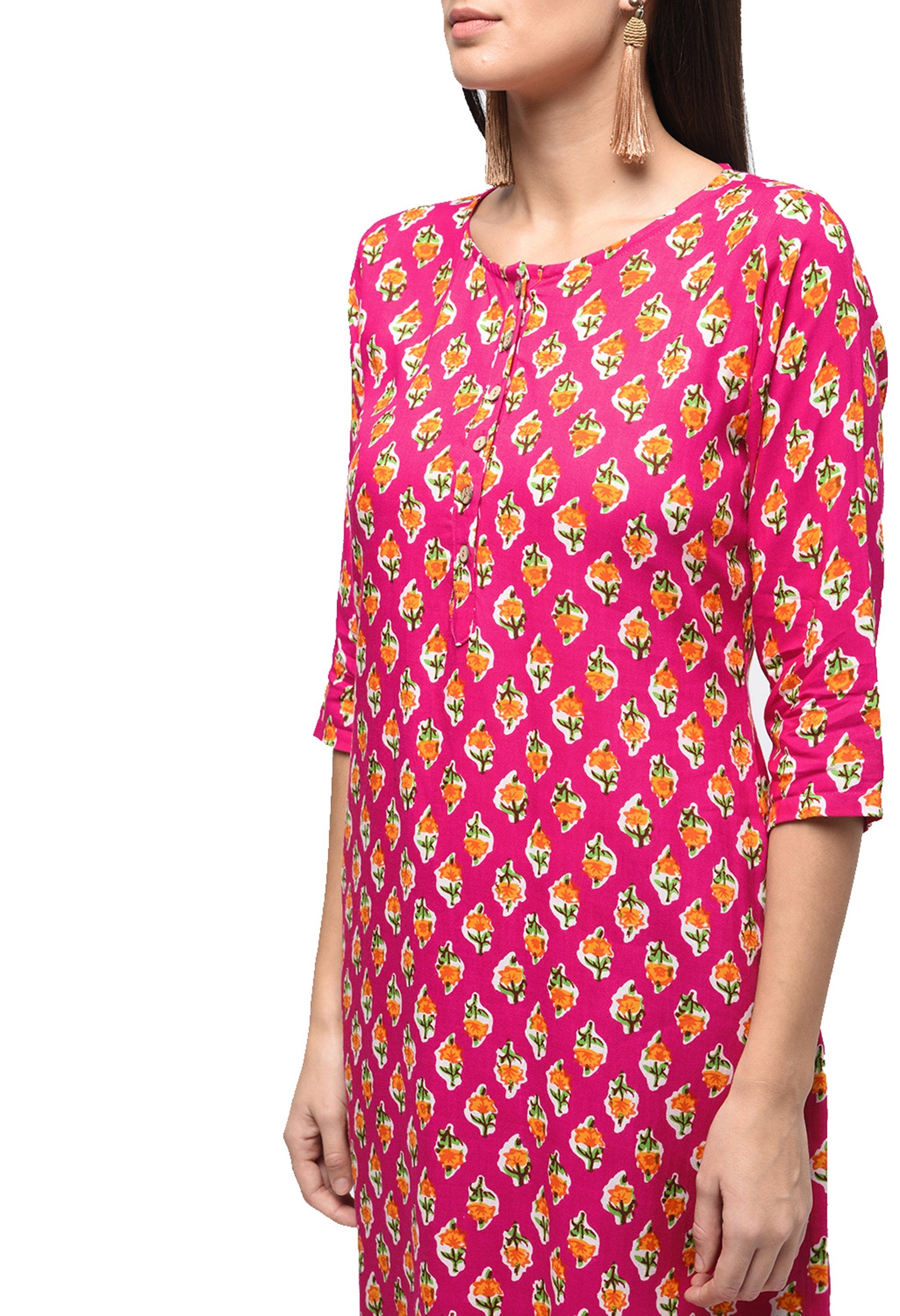 Women's Pink Rayon Printed Regular Sleeves Round Neck Casual Kurta Only - Myshka