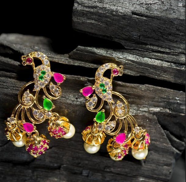 Women's Gold Plated Contemporary Peacock Jumki Earrings - Alankara