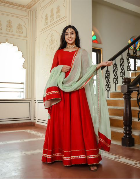 Women's Crimson Red Chanderi Gown With Pista Green Dupatta - Indian Virasat