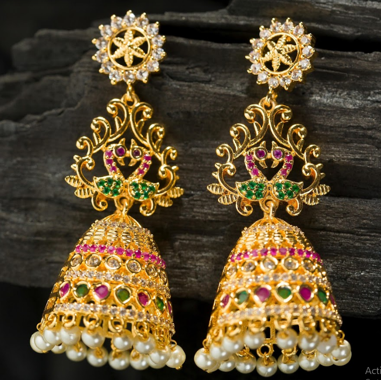 Women's Gold Plated Contemporary Stone Long Jumki Earrings - Alankara
