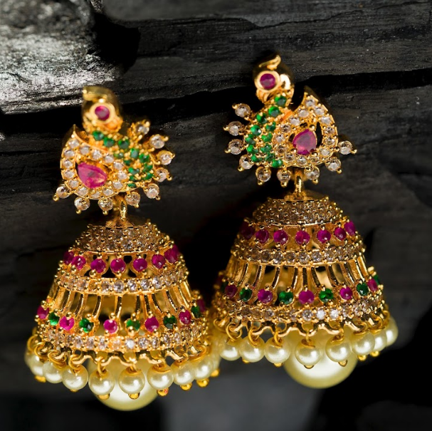 Women's Gold Plated Contemporary Peacock Cz Jumki Hanging Earrings - Alankara