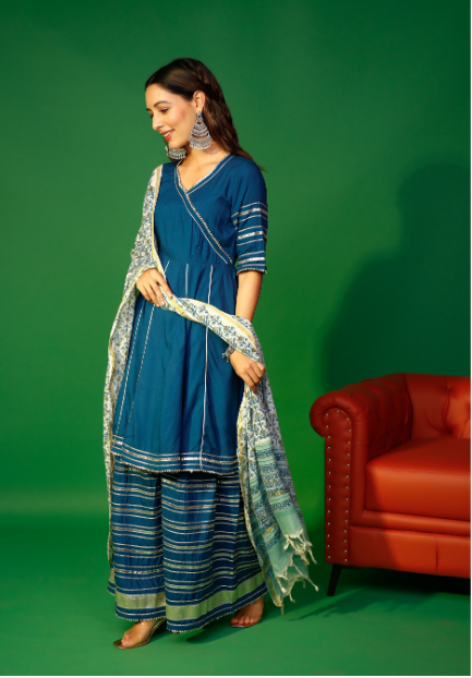 Women's Prussian Blue Angarakha Kurta Plazzo With Floral Dupatta Set