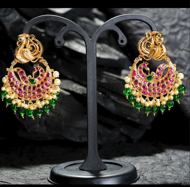 Women's Gold Plated Contemporary Chandbalis Earrings With Emerald Droppings - Alankara
