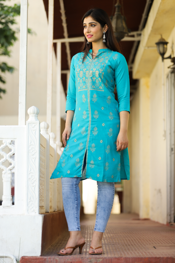 Navy Blue Floral Embroidered Poly Cotton Kurti