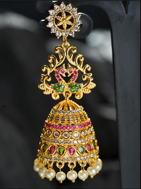 Women's Gold Plated Contemporary Stone Long Jumki Earrings - Alankara