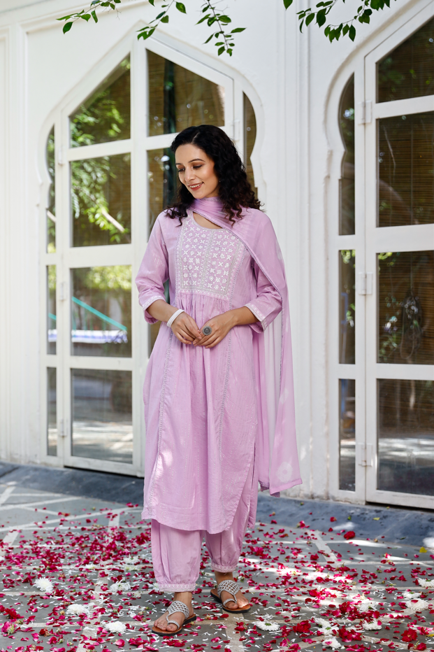 Women's Purple Cotton Embroidered Straight Salwar Suit Set - Pheeta