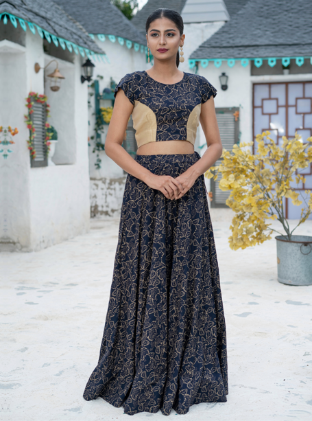 Women's Printed Stitched Dark Blue Lehenga Choli(2pc) - Indian Virasat
