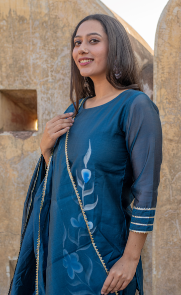 Women's Brinda  Hand Painted Chanderi Blue Kurta Sharara And Dupatta - Saras The Label