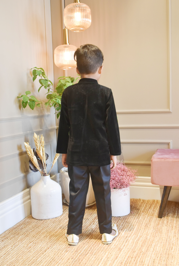 Boy's Black Velvet Bandgala And Pant