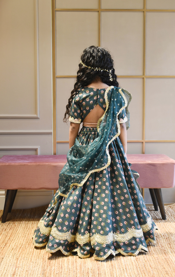 Girl's Green Printed Lehenga Choli And Dupatta