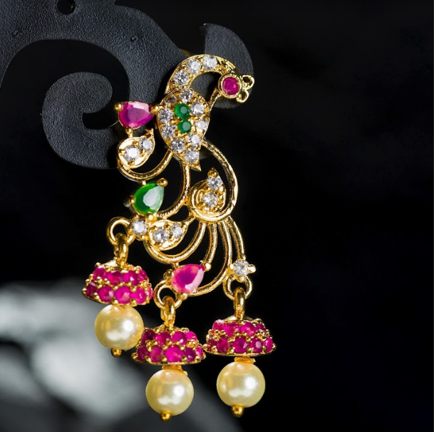 Women's Gold Plated Contemporary Peacock Jumki Earrings - Alankara