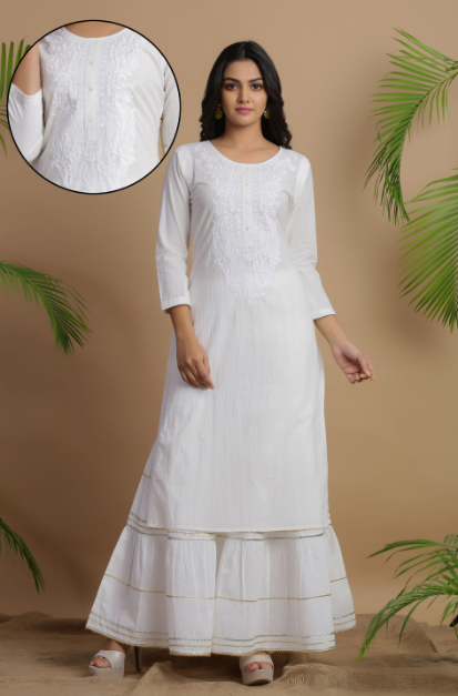 Buy Juniper Women White Cotton Embroidered Flared Clothing Set (Set of 2)  online