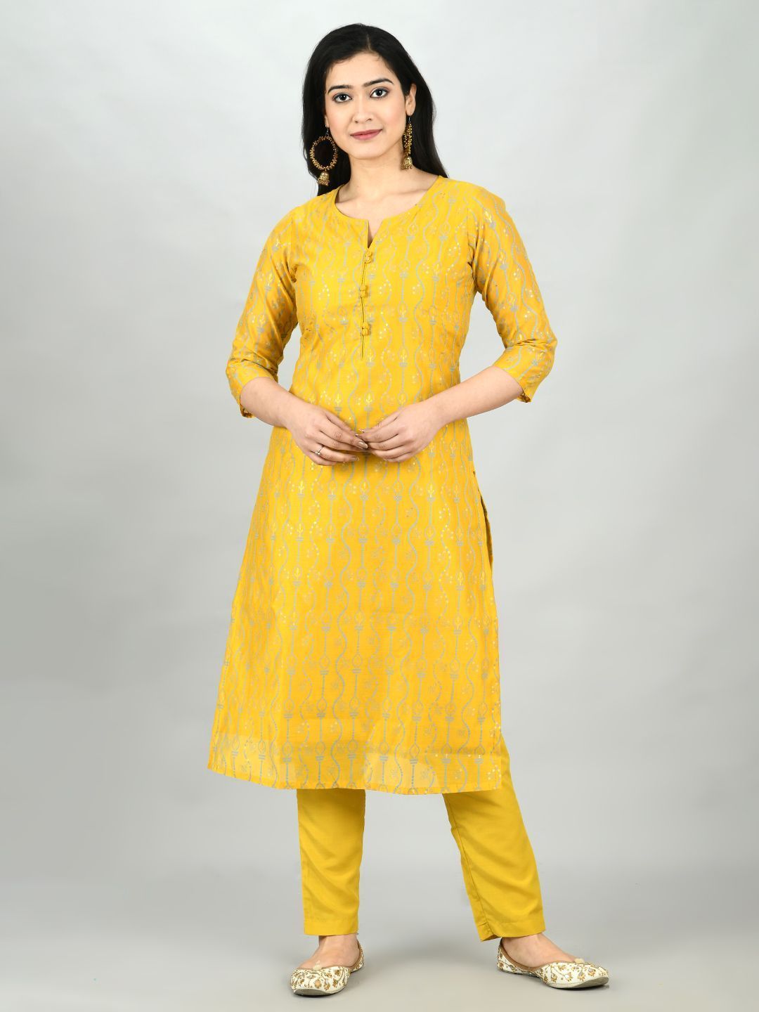 Women's Yellow Chanderi Printed 3/4 Sleeve Round Neck Casual Kurta Pant Set - Myshka