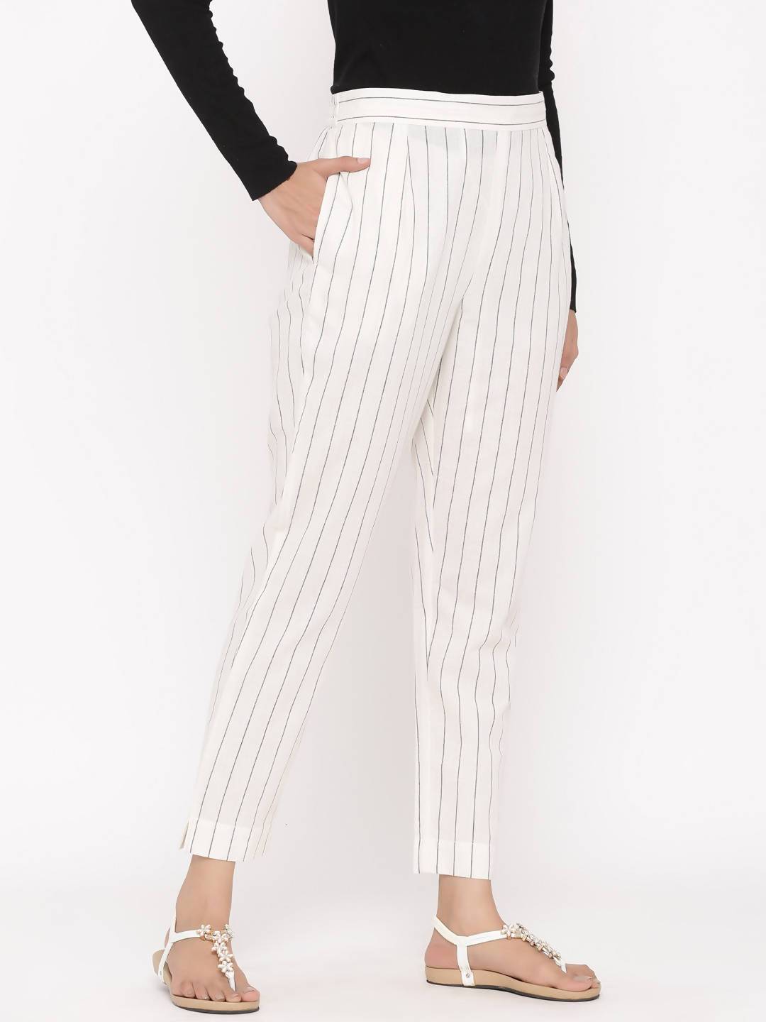 Women's Offwhite Cotton Striped Straight Pants - Juniper