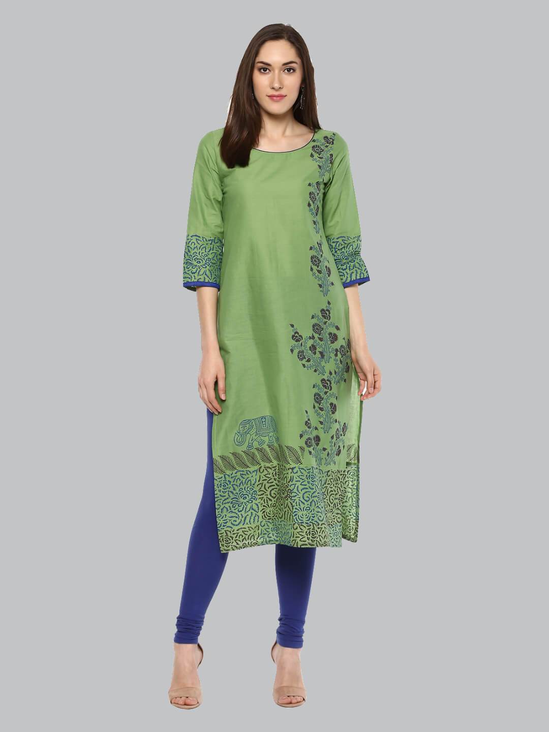 Women's Pastel Green & Blue Ajrakh Hand Block Cotton Printed Straight Kurta - Noz2Toz
