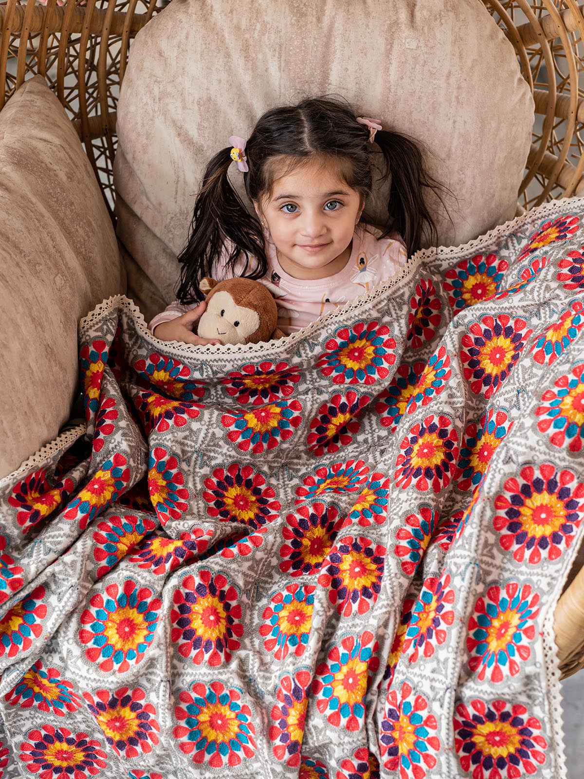 Girl's Crochette Pattern Embroidered Reversible Unisex Baby Kids Blanket - HALEMONS