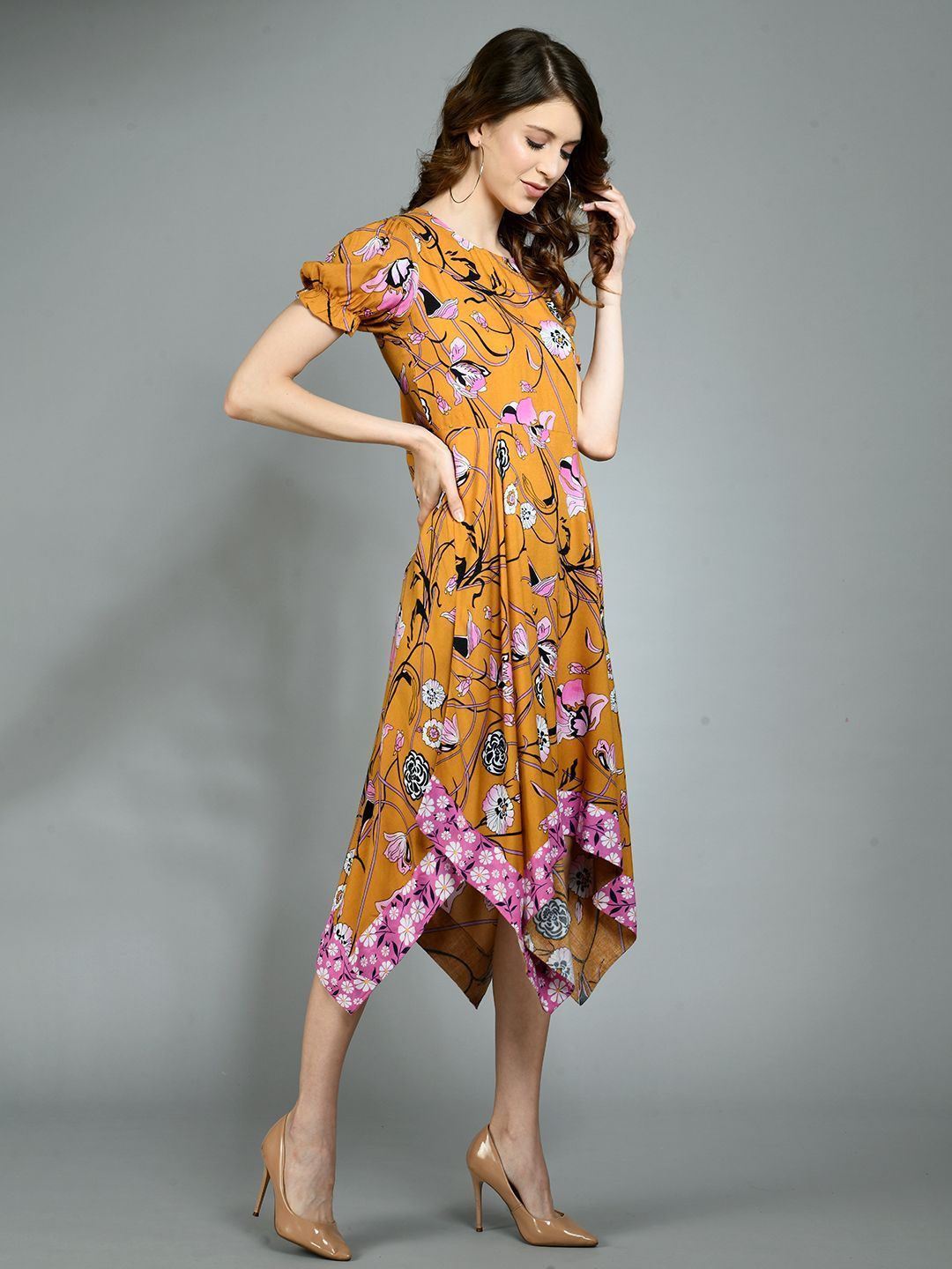 Women's Multi Rayon Printed Short Sleeve Round Neck Casual Dress - Myshka
