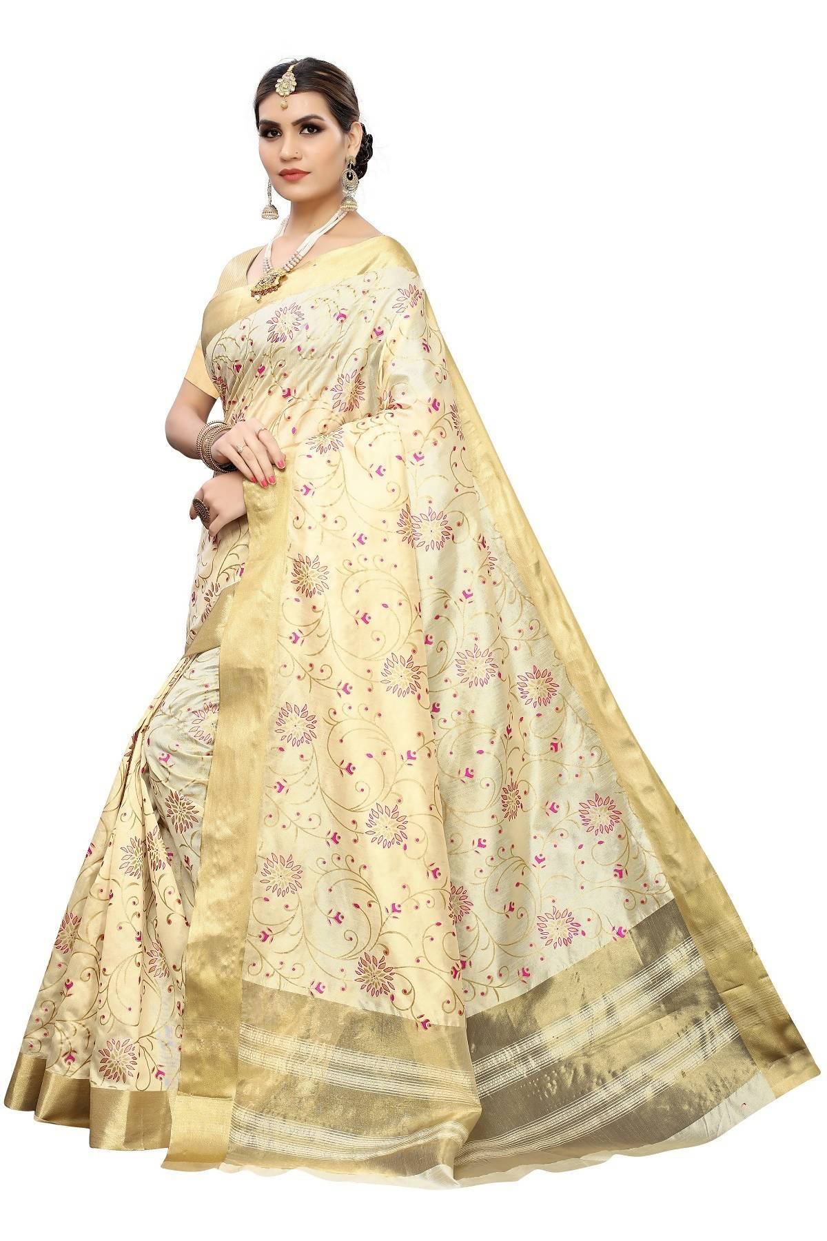Women's Vamika Weaving Cream Cotton Polyester Silk Saree Kearala Floral - Vamika
