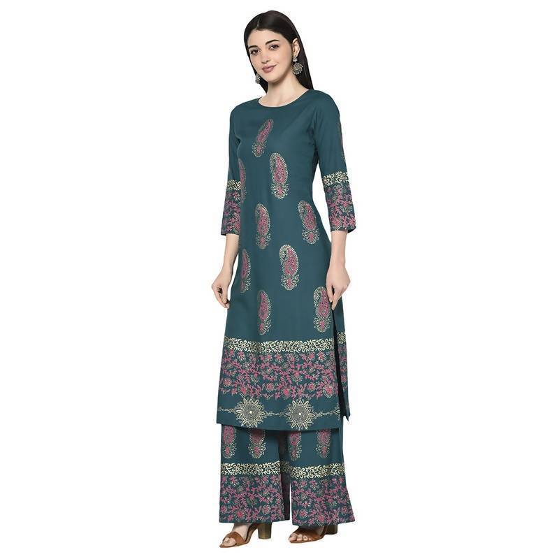 Women's Teal Blue Rayon Block print straight kurta
