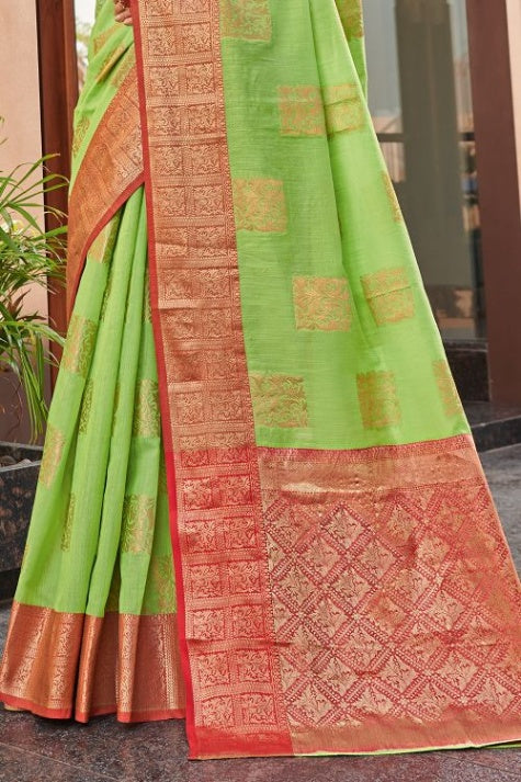 Women's Bright Green Linen Saree - Karagiri
