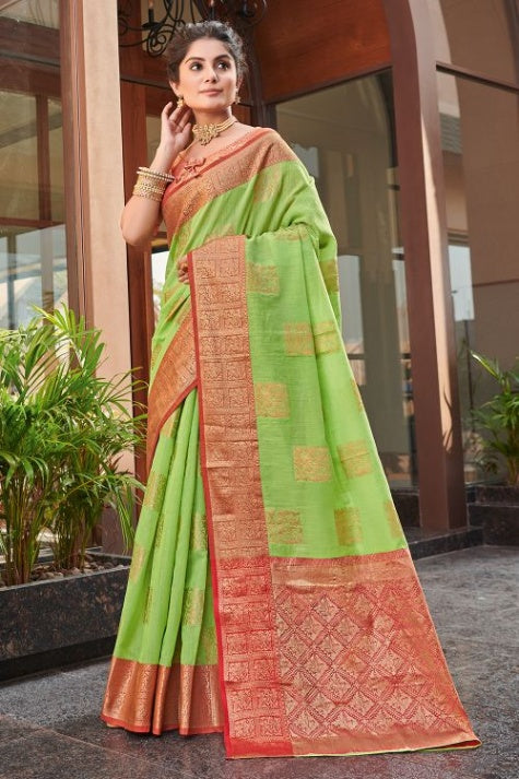 Women's Bright Green Linen Saree - Karagiri