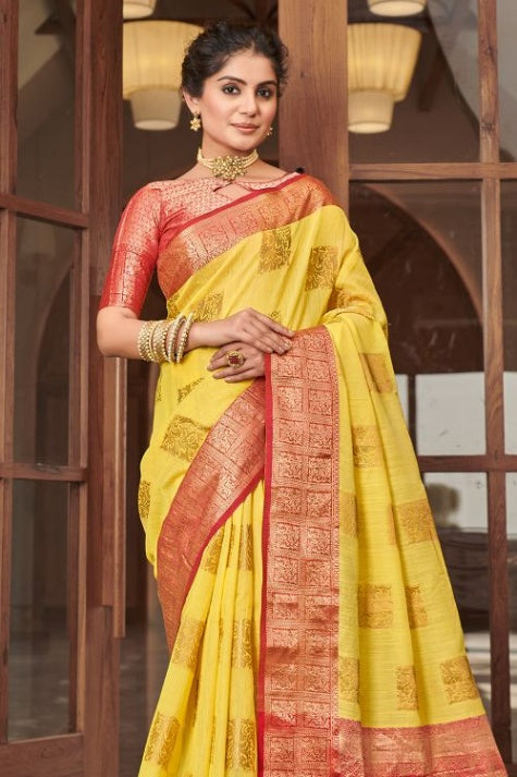 Women's Lily Yellow Linen Saree - Karagiri