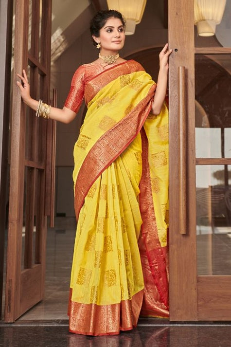 Women's Lily Yellow Linen Saree - Karagiri