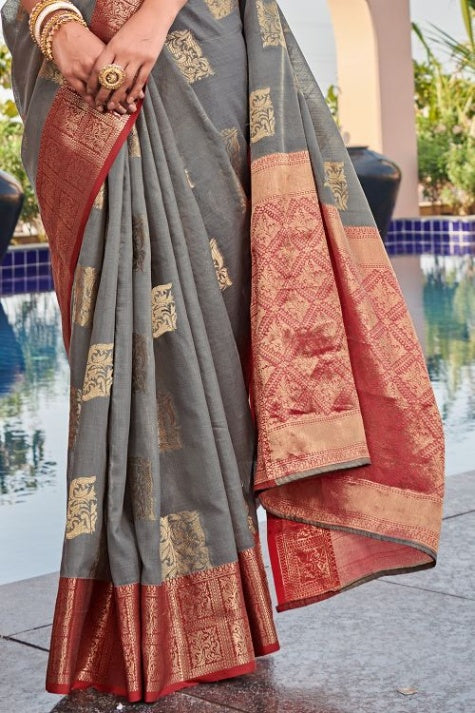 Women's Dark Grey Linen Saree - Karagiri