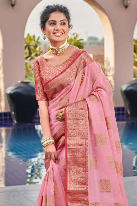 Women's Pink Linen Saree - Karagiri