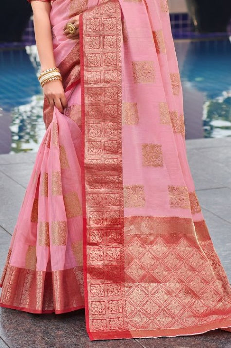 Women's Pink Linen Saree - Karagiri