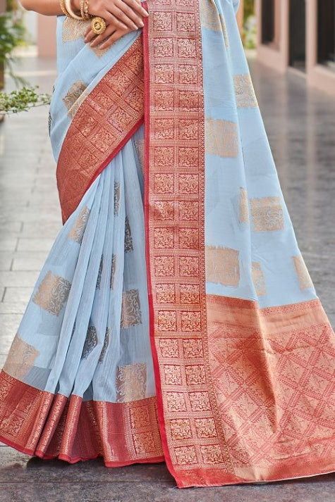 Women's Light Blue Linen Saree - Karagiri