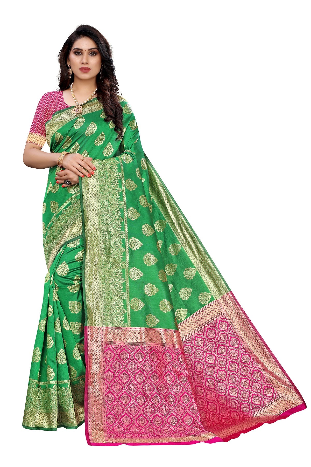Women's Banarasi Jacquard Weaving Green Saree - Vamika