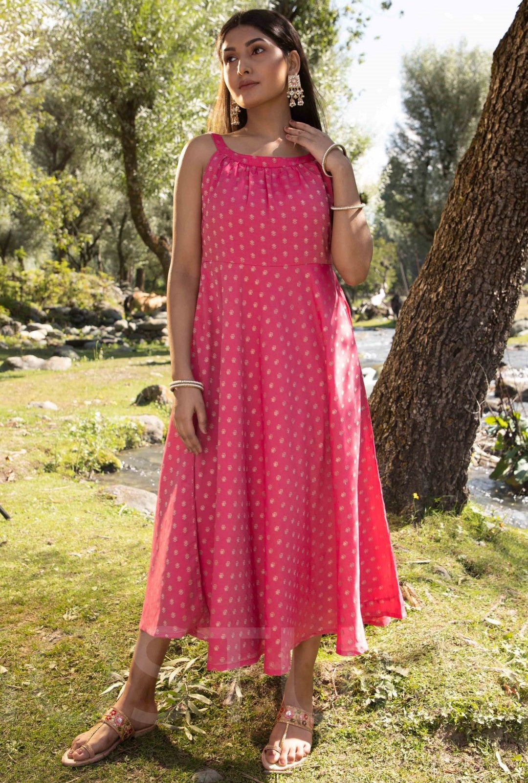 Women's Pink Woven Designed Halter Neck Dress - Aks