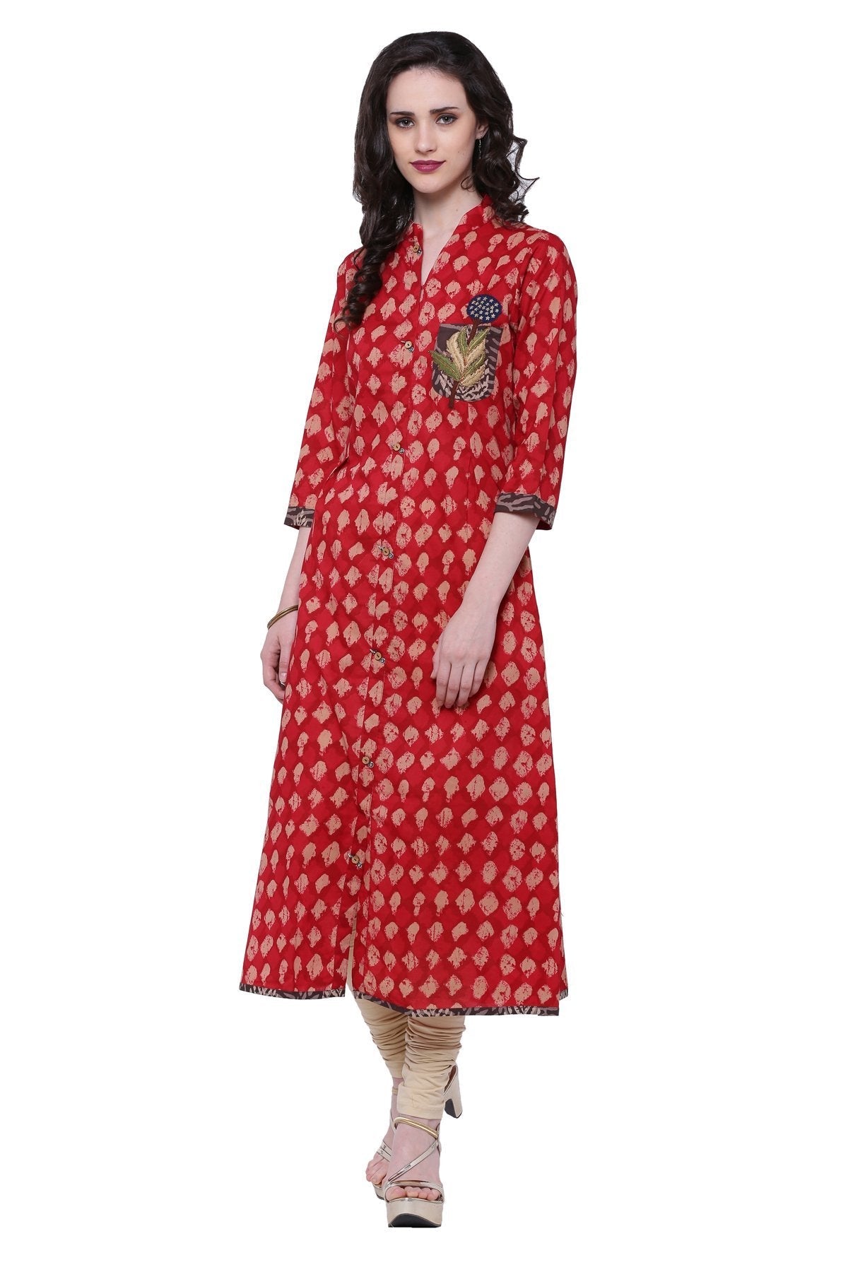 Women's Red A-Line Cotton Long Kurta - Divena