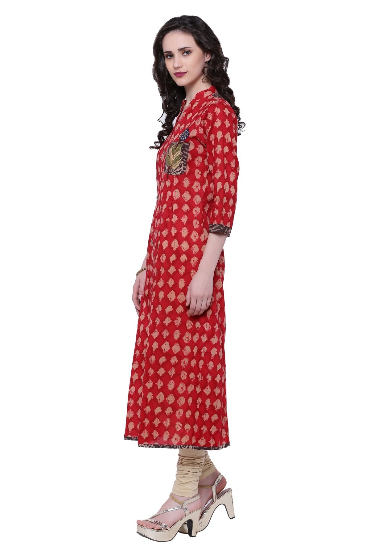 Women's Red A-Line Cotton Long Kurta - Divena