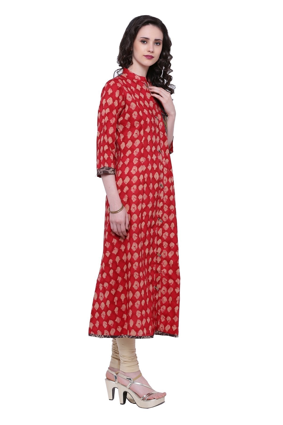 Women's Red A-Line Cotton Long Kurta  - Wahenoor