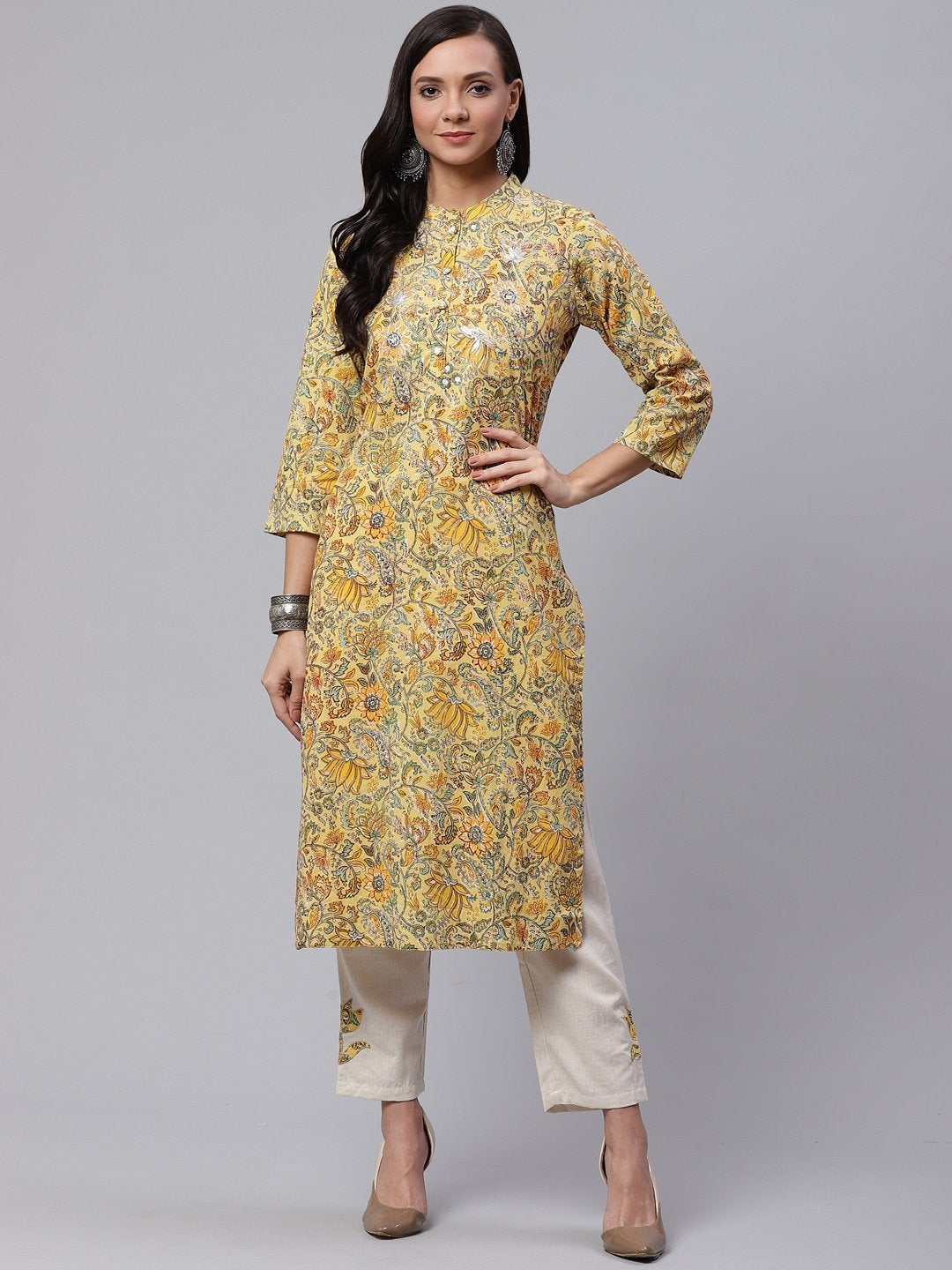 Women's Yellow Cotton Kurti With Cotton Flex Pant Set  - Wahenoor