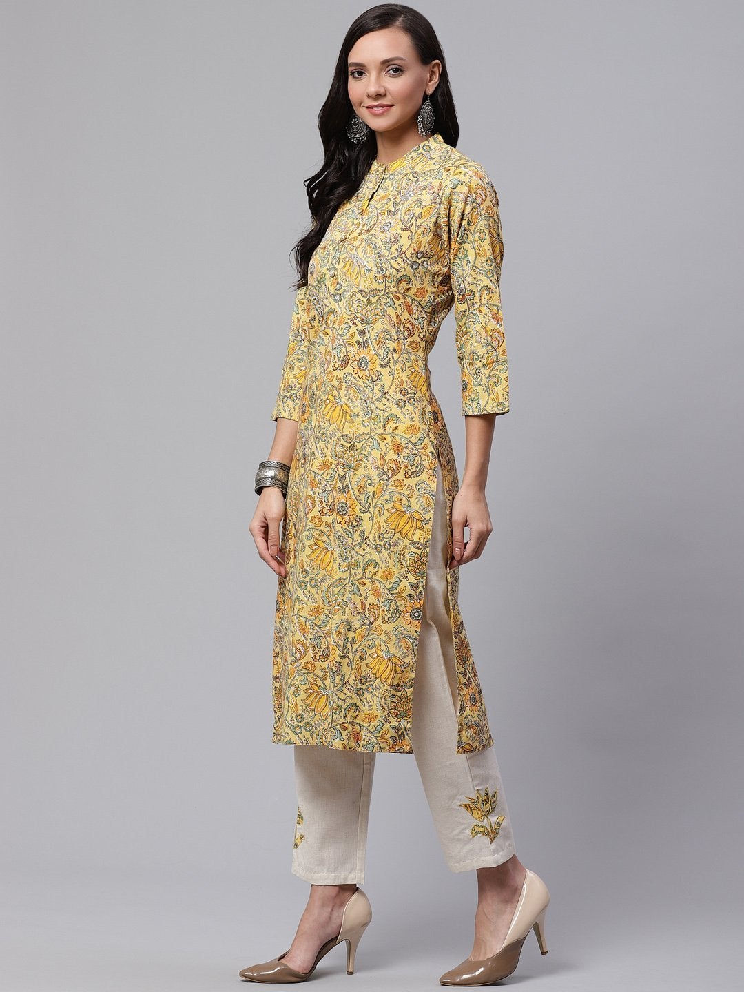 Women's Yellow Cotton Kurti With Cotton Flex Pant Set  - Wahenoor