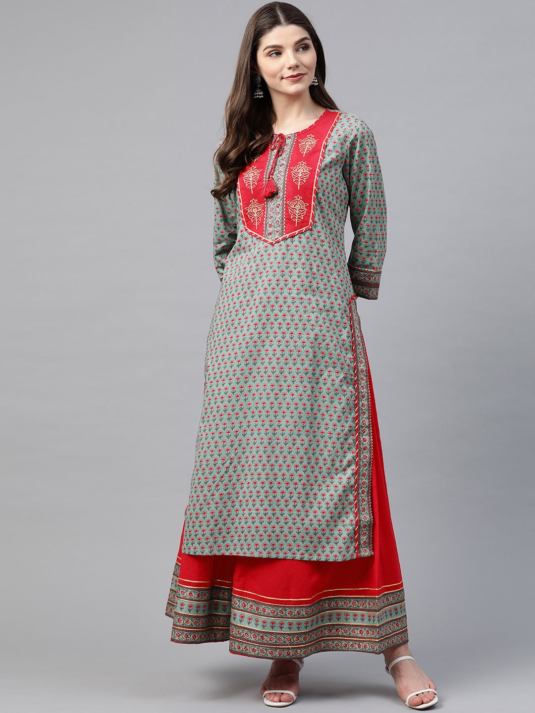 Women's Red And Teal Green Printed Kurta Set With Palazzo - Noz2Toz