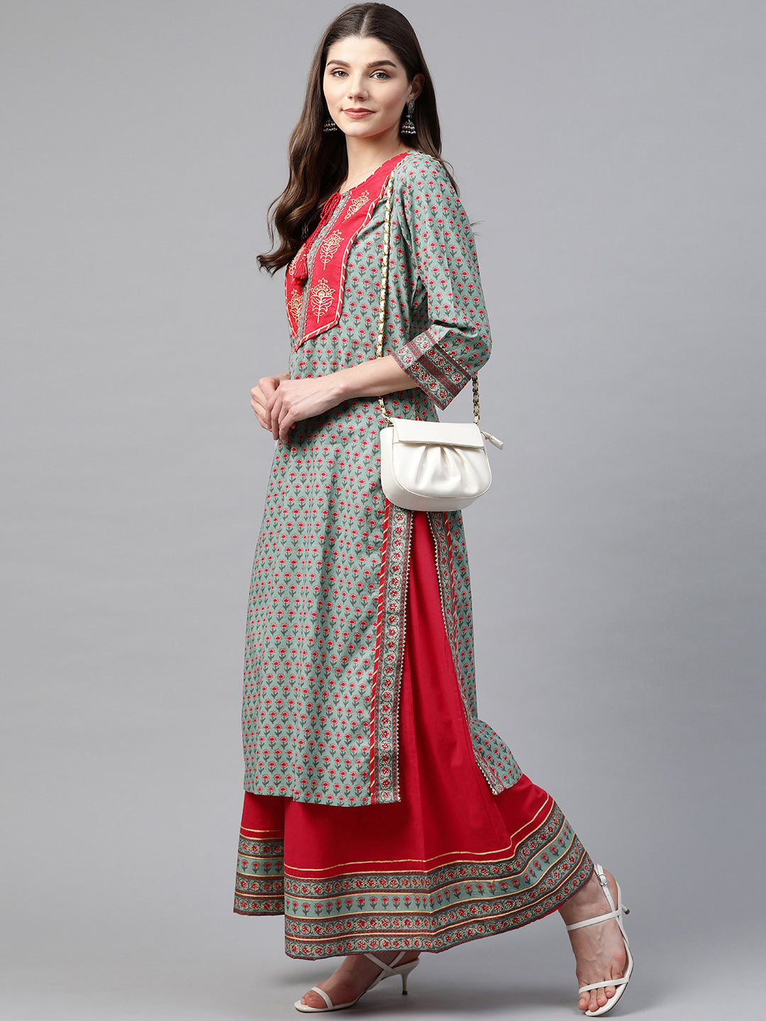 Women's Red And Teal Green Printed Kurta Set With Palazzo - Noz2Toz