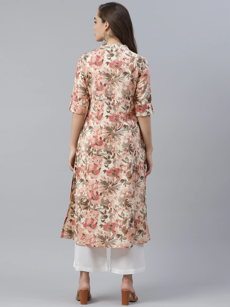 Women's Cream Cotton Floral Print Kurta