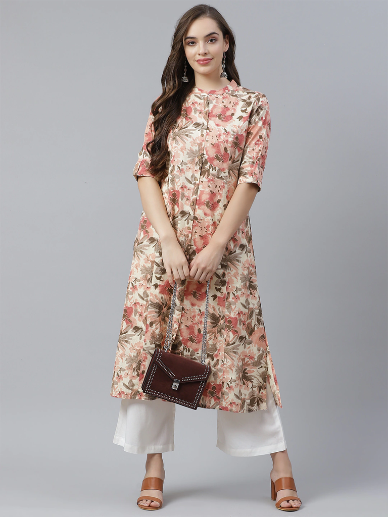 Women's Cream Cotton Floral Print Kurta