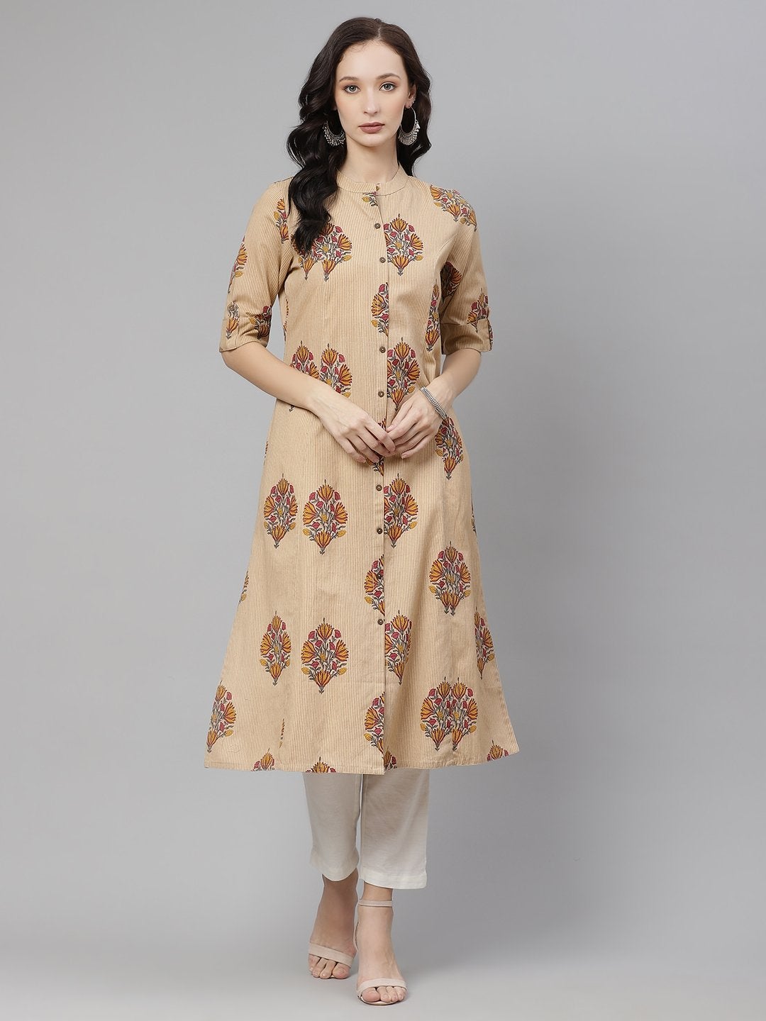 Women's Beige Color Cotton Printed A-line kurta - Divena