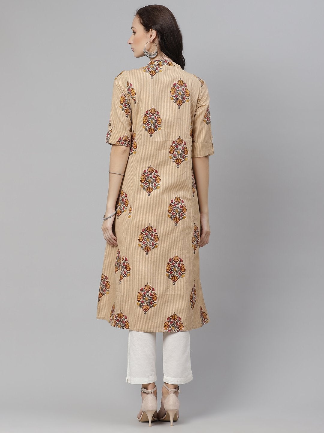 Women's Beige Color Cotton Printed A-line kurta - Divena