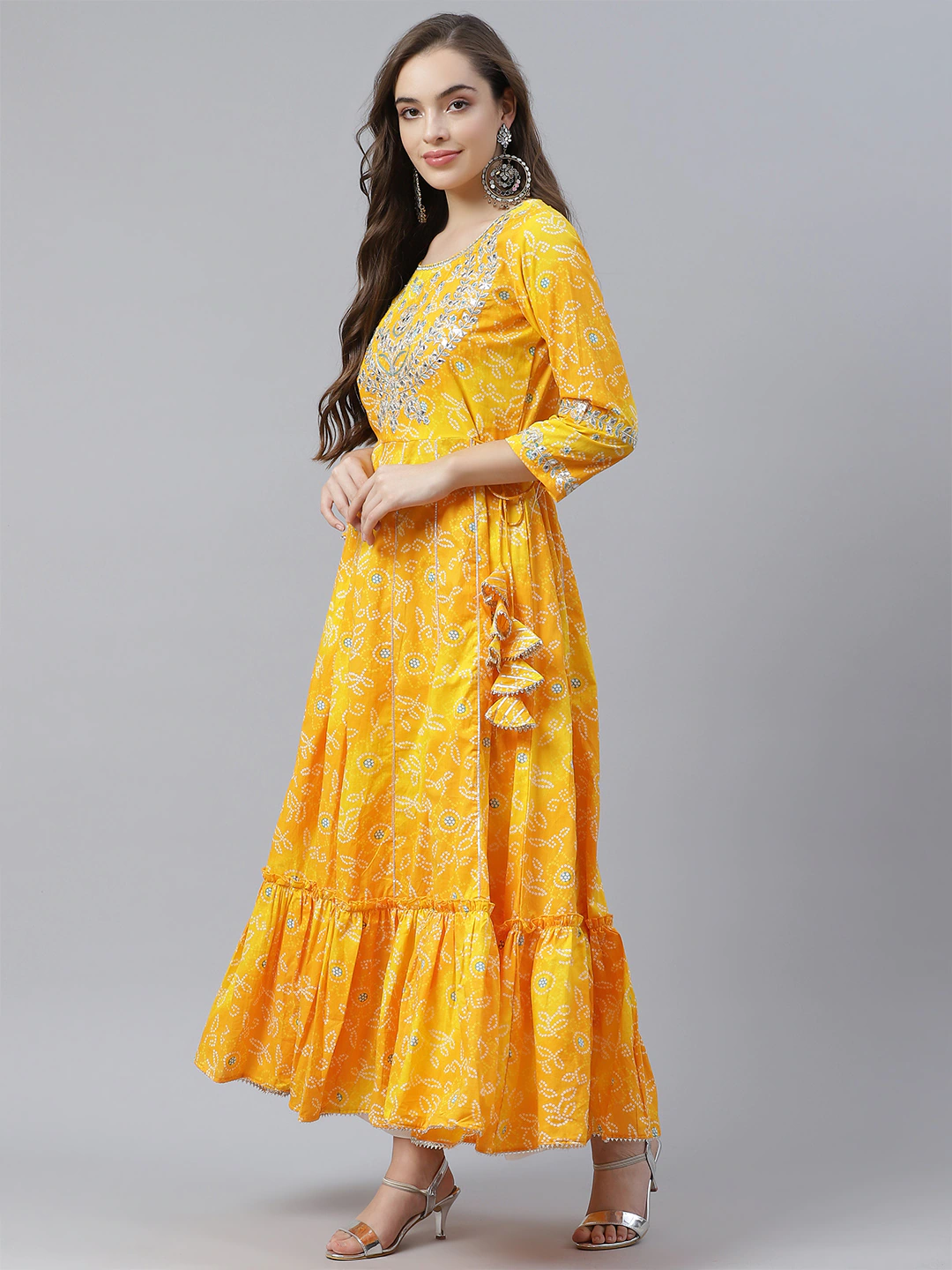 Women's The Dressify Yellow Cotton Flared Gota Work Bandhani Kurta - Divena