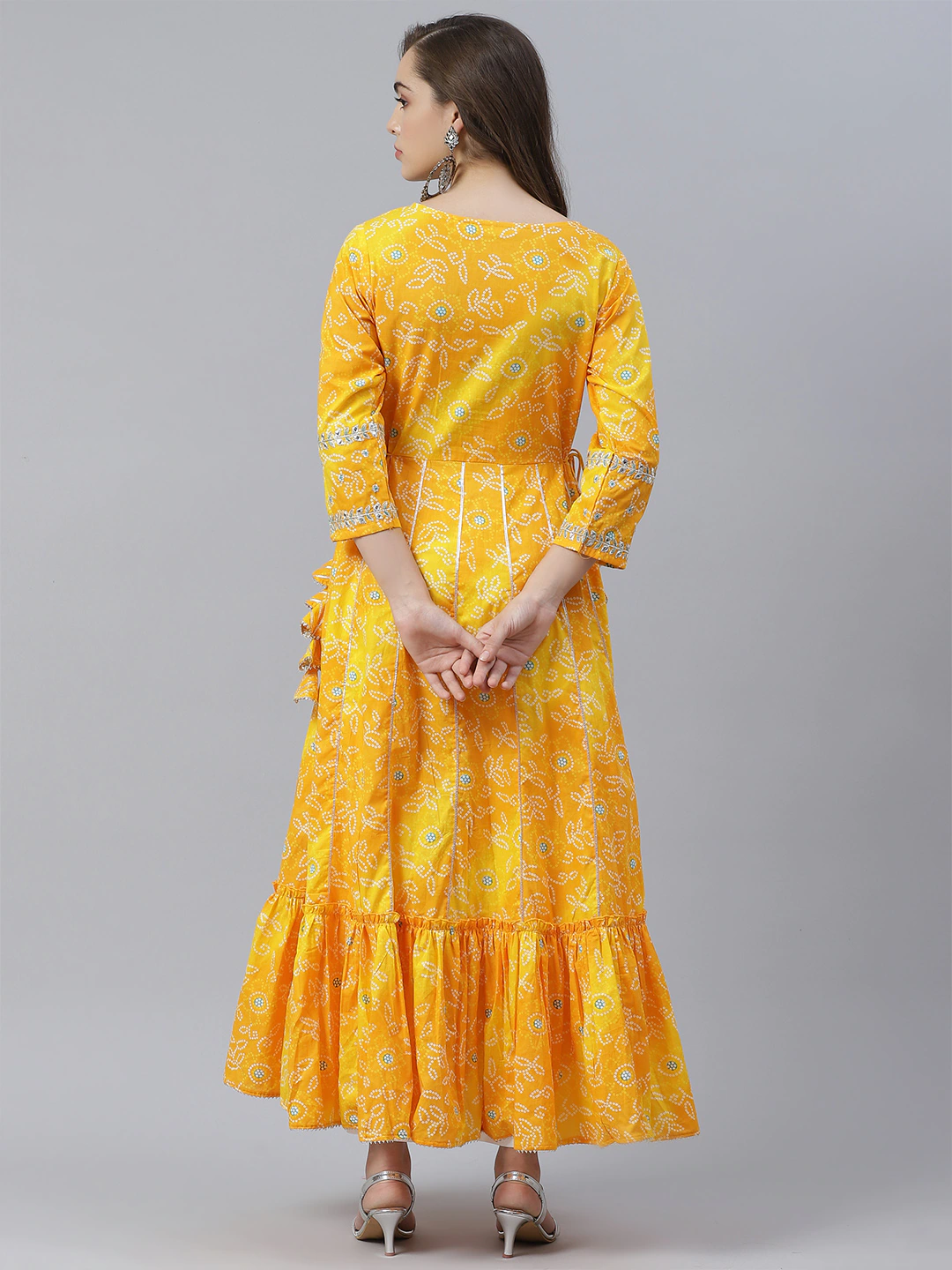 Women's Yellow Cotton Flared Gota Work Bandhani Kurta  - Wahenoor