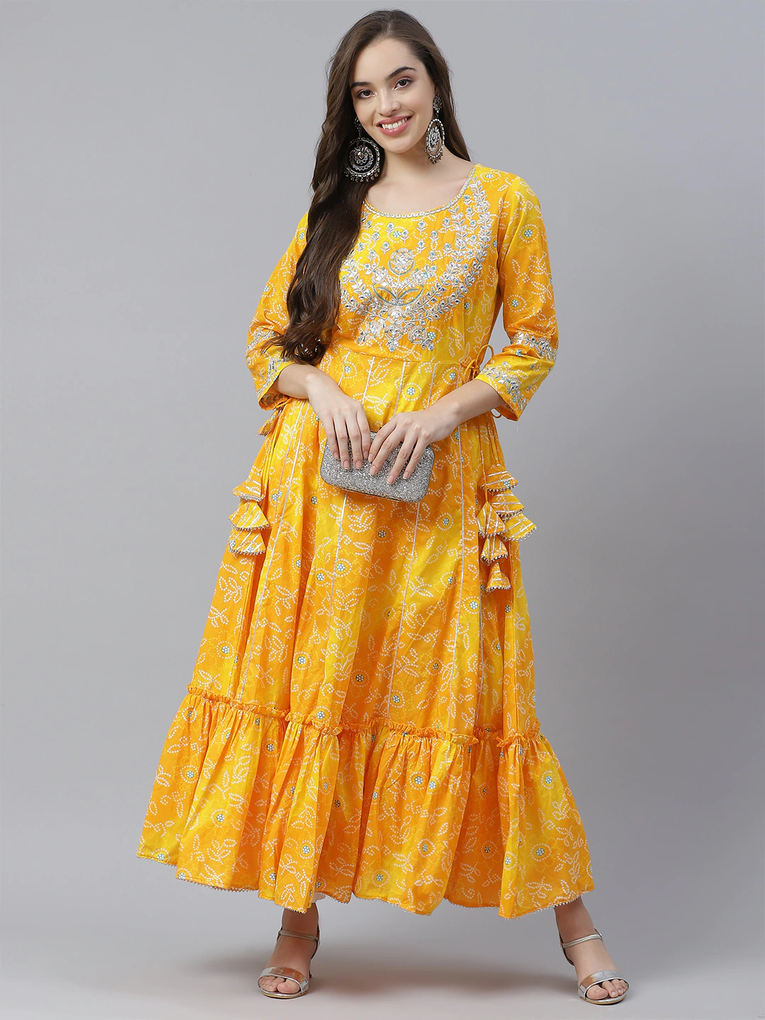 Women's The Dressify Yellow Cotton Flared Gota Work Bandhani Kurta - Divena