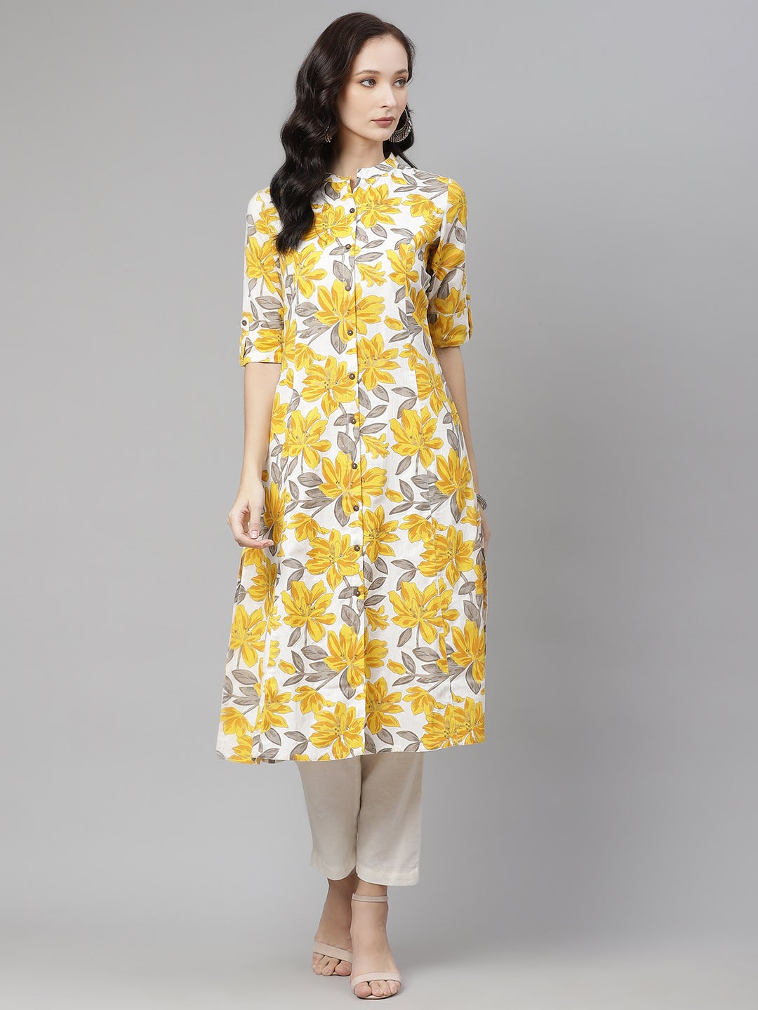 Women's Yellow Floral Print Pure Cotton A-Line Kurta - Noz2Toz