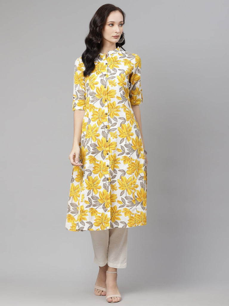 Women's Yellow Floral Print Cotton A-Line Kurta