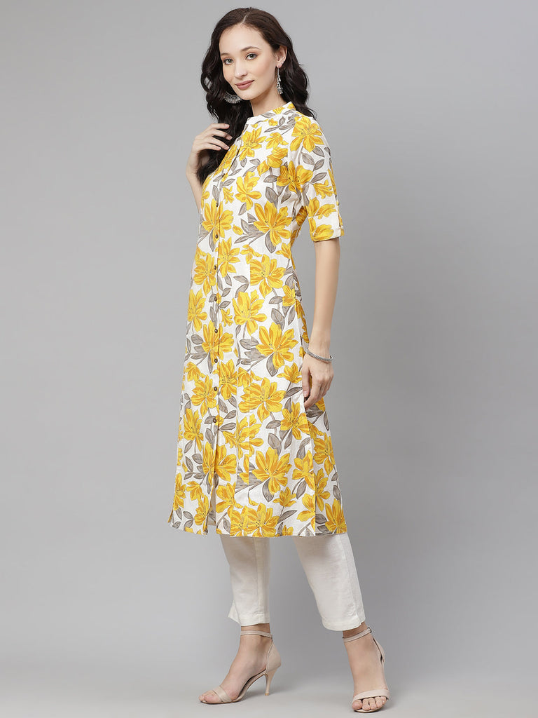 Women's Yellow Floral Print Cotton A-Line Kurta